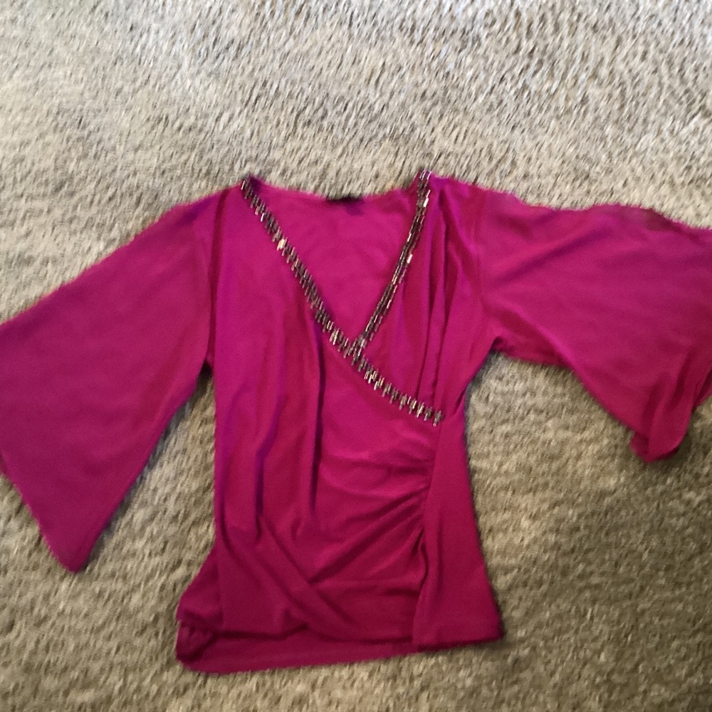 MSK dressy blouse size S cranberry with black trim with rhinestones